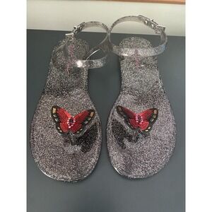Betsey Johnson Womens Black Tabby Glitter Flat Jelly Sandals Butterfly Size 7.5